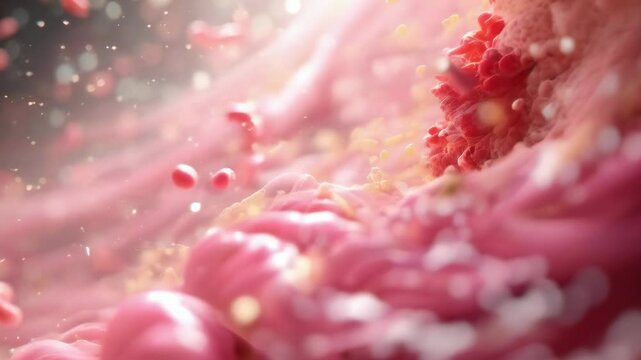 A detailed close-up showing the inside of a human intestine with bacterial cells interacting within the microbiome. It showcases various bacterial shapes amid the complex structure of the intestinal