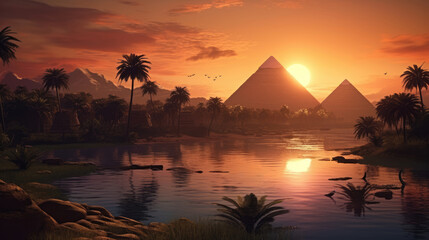 Landscape with ancient Egyptian pyramids, beautiful sky and sunset. The concept of ancient history. AI-generated.