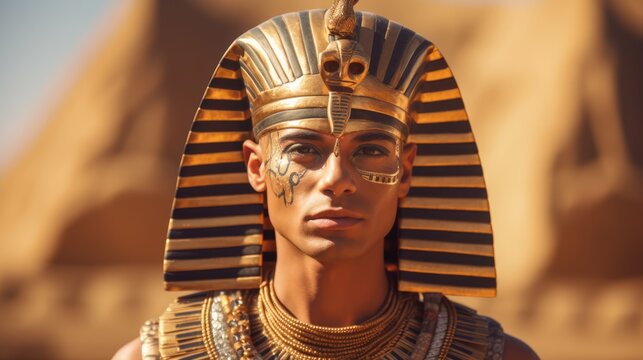 Close-up portrait of an Egyptian pharaoh in royal attire and his entourage. Ancient Egypt concept. Ai-generated.