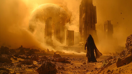 Fototapeta premium A dystopian solar planet with towering structures of an ancient civilization now in ruins