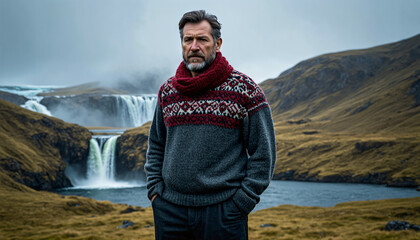 Icelandic man in traditional clothing against misty landscape