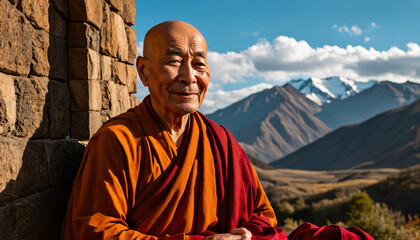 Naklejka premium Elderly Tibetan Monk Meditating in Saffron Robes
