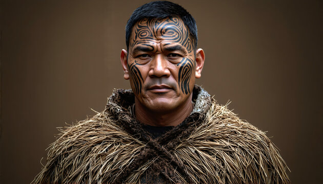 Maori warrior with traditional facial tattoos ta moko - Powered by Adobe