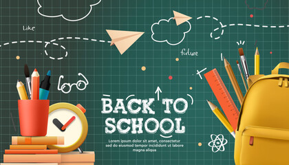 Back to school vector design. Welcome back to school greeting text with backpack schoolbag, alarm clock, pencil and chalkboard educational elements.