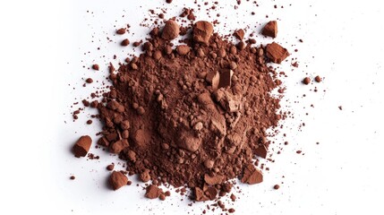 A pile of brown chocolate powder spills over a clean white surface, ready for use in baking or cooking