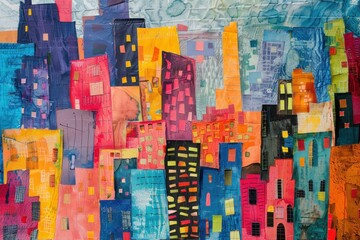 Fototapeta premium Artistic quilted fabric featuring a vibrant abstract cityscape design