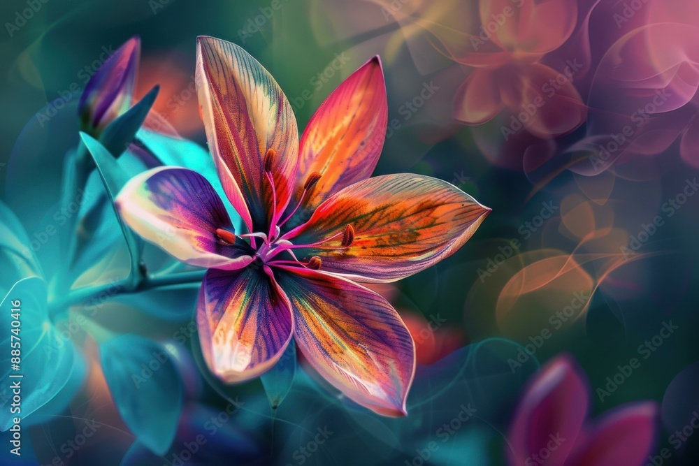 Poster digitally enhanced lily with a kaleidoscope of colors against a soft, bokeh backdrop