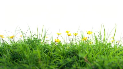 A cluster of bright yellow flowers sit on the lush green grass, waiting for the sun to shine