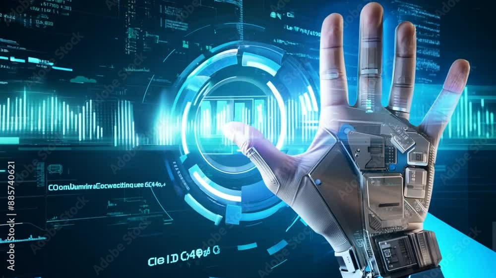 Poster robotic hand interacting with futuristic interface generative ai