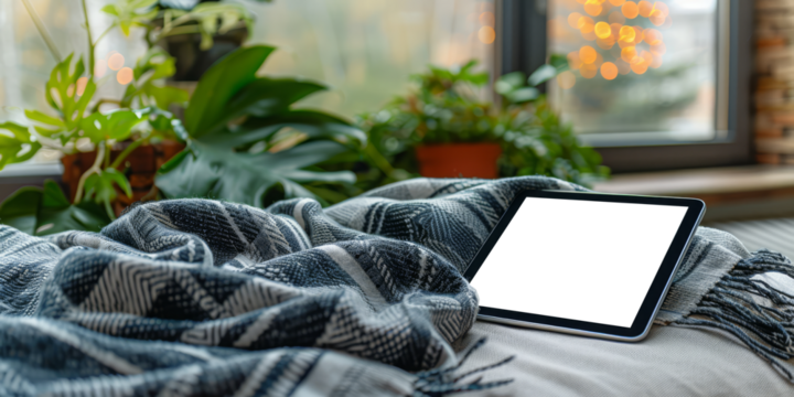 Tablet with a transparent screen laying on a cozy couch with a blanket. Concept of technology and comfort. Ideal for tech, lifestyle, and home decor businesses. Emphasizes relaxation and connectivity.