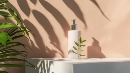 Elegant Lotion Bottle with Greenery and Shadows