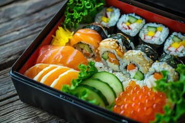 Traditional Japanese bento box with assorted sushi and fresh vegetables