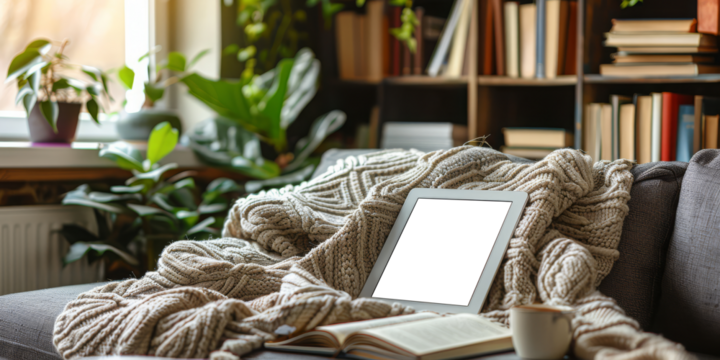 Tablet with a transparent screen laying on a cozy couch with a blanket. Concept of technology and comfort. Ideal for tech, lifestyle, and home decor businesses. Emphasizes relaxation and connectivity.