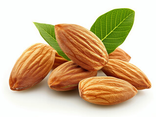 Close-up of almonds with leaves, isolated on white background