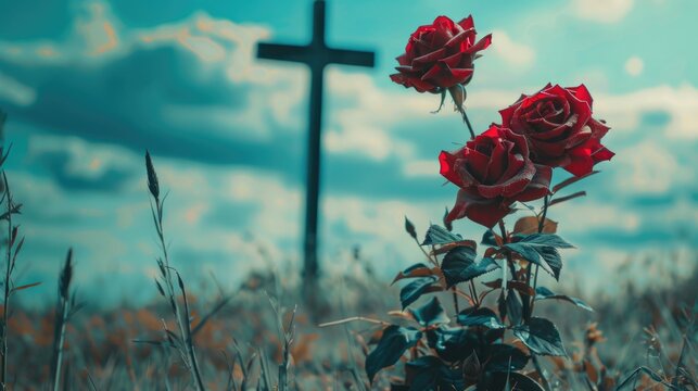 Roses and cross in a green field, ideal for spiritual or nature-themed designs