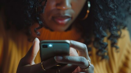 Hands of young dark skinned woman with finger rings using online app on mobile phone, making call, browsing Internet, chatting on social media, holding cellphone, texting, typing message. Close up 