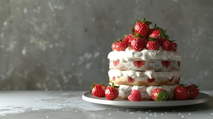 A delicious layered strawberry cake on a white plate, perfect for special occasions or everyday indulgence