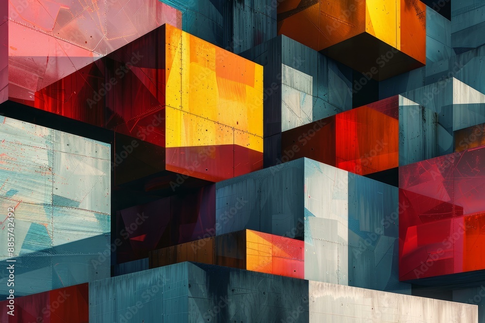 Poster colorful 3d blocks with a dynamic abstract pattern, suitable for modern design backgrounds