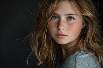 Fototapeta premium Portrait of a young girl with long hair and bright blue eyes, suitable for use in editorial or commercial contexts