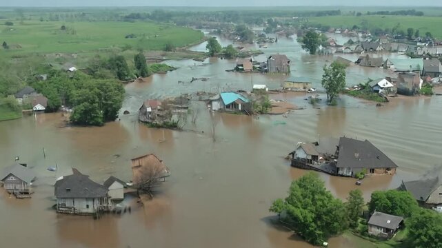 Aerial View of Flooded Town Generative AI