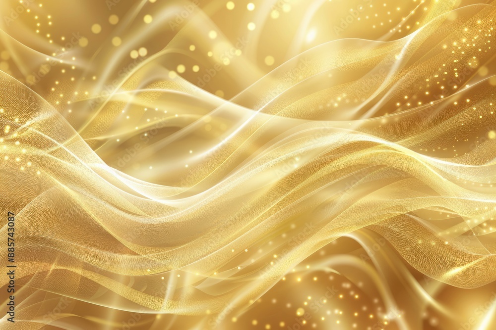 Poster elegant abstract background featuring smooth waves of golden silk fabric and shimmering particles