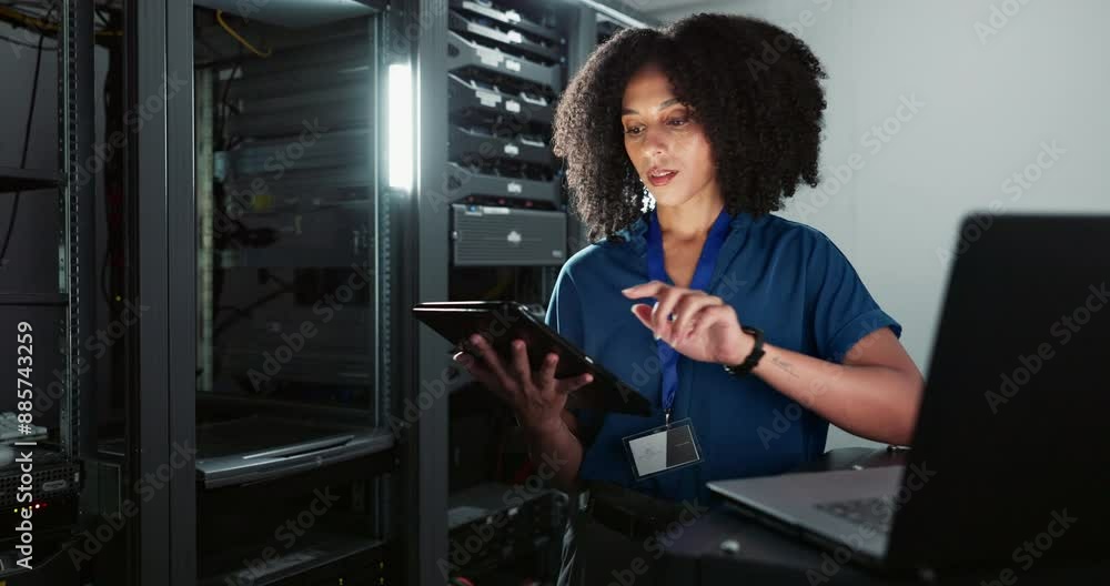 Poster Tablet, engineer and woman on laptop in server room for cyber security, coding or update database. Serious, technician and computer in data center for information technology or programming software