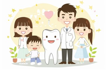 A smiling family of four, including two children, sitting in a dentist's office, surrounded by dental equipment and tools. The dentist is examining the mother's teeth.