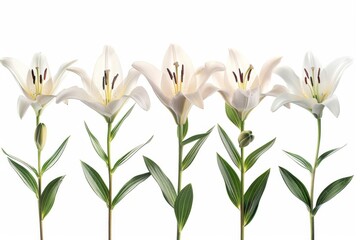 Five delicate lilies bloom in harmony, radiating peace and tranquility. Their pure white petals shine like beacons of serenity in a chaotic world.