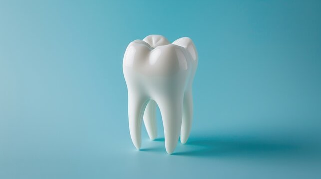 A single white tooth is depicted against a bright blue background