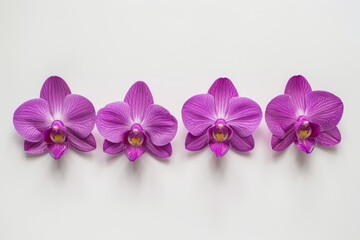 Five beautiful purple orchids are placed on a white surface, set against a clean white background. The illustration highlights the delicate features of the flowers.