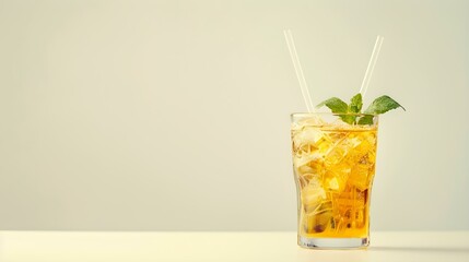 Gold Summer Drink on a light Background with Sunlight and Shadows