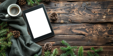 Tablet with transparent screen placed on a rustic wooden table, surrounded by pine branches, a coffee cup, and a green scarf. Concept of digital holiday relaxation. Suitable for seasonal promotions an