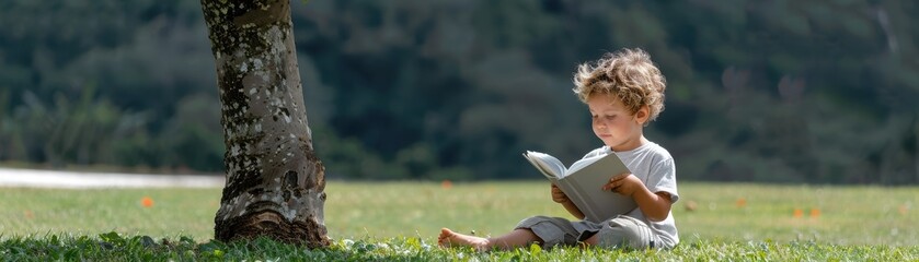 Fototapeta premium Child reading book under tree on school grounds