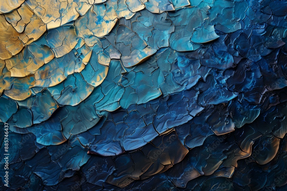 Poster closeup of textured, layered blue paint creating a dynamic and abstract surface