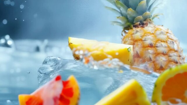 A vibrant close-up of fresh pineapple slices and colorful vegetables like bell peppers plunging into water, creating a dynamic splash. The crisp, refreshing feel is emphasized by the water droplets