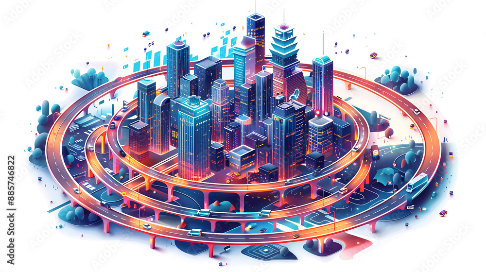 Poster vibrant futuristic city with interconnected highways and skyscrapers, showcasing advanced infrastruc