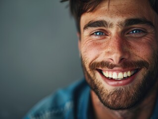 Fototapeta premium Close-up portrait of a man with a beard smiling, suitable for use in advertisements, social media, or editorial content