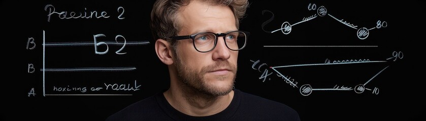 Calculus professor solving complex equation on chalkboard