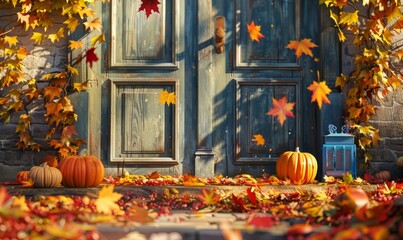 Cozy autumn scene with colorful leaves falling, pumpkins on the porch, 10th October