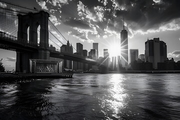 Landscape black and white photograph of Brooklyn Bridge in New York, USA. View from the East River to Manhattan