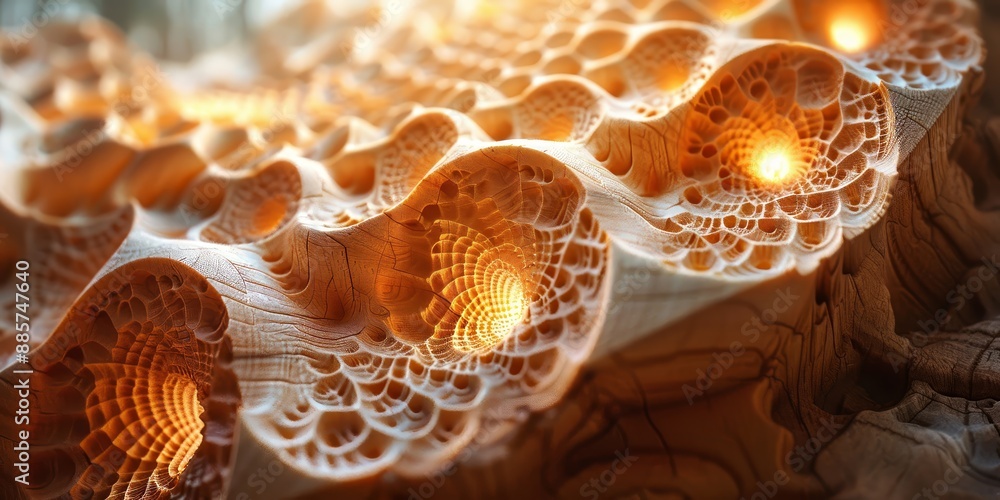 Poster sunlight streams through intricate geometric shapes carved into a massive wooden block