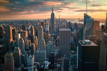 Photo of New York skyscrapers at sunset from a bird's eye view, USA
