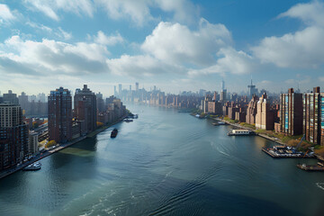 Obraz premium A landscape view of the East River Strait in New York, USA. Bird's-eye view