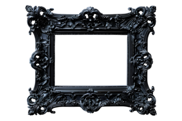 Antique baroque black wooden rectangular picture frame isolated on transparent background. Decorative elegant luxury frame design, rococo style. PNG, cutout.
