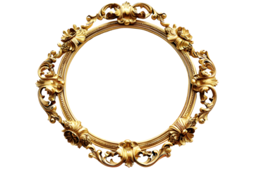 Antique baroque gold wooden round picture frame isolated on transparent background. Decorative elegant luxury frame design, rococo style. PNG, cutout.
