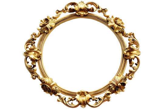 Antique baroque gold wooden round picture frame isolated on transparent background. Decorative elegant luxury frame design, rococo style. PNG, cutout.