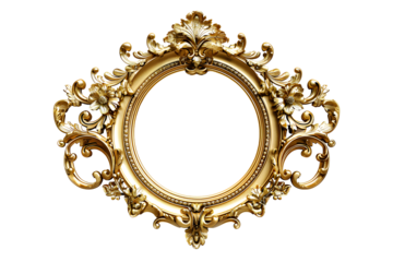 Antique baroque gold wooden round picture frame isolated on transparent background. Decorative elegant luxury frame design, rococo style. PNG, cutout.