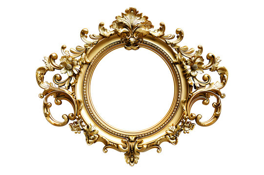 Antique baroque gold wooden round picture frame isolated on transparent background. Decorative elegant luxury frame design, rococo style. PNG, cutout.