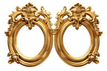 Antique baroque gold wooden double picture frame isolated on transparent background. Decorative elegant luxury frame design, rococo style. PNG, cutout.