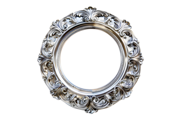 Antique baroque silver wooden round picture frame isolated on transparent background. Decorative elegant luxury frame design, rococo style. PNG, cutout.
